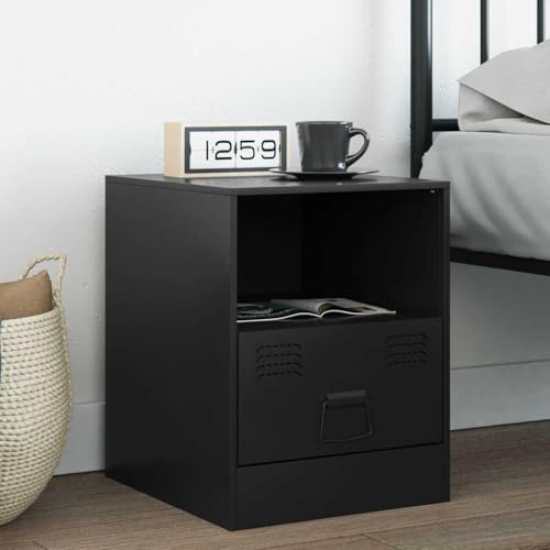Holamys Mesita de noche negra, 34,5 x 39 x 44 cm, acero robusto, elegante mesa auxiliar para dormitorio y sala de estar