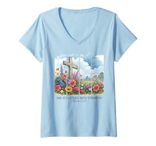 Donna She Is Clothed With Strength Bibbia Verse Cross Wildflowers Maglietta con Collo a V