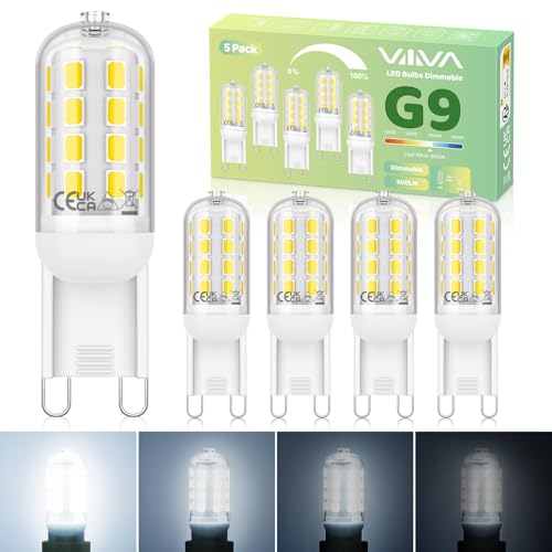 G9 LED Light Bulbs Dimmable 5W - 5Pcs, Cool White 6000K, 500LM, Equivalent to 45W G9 Halogen Bulb, Energy Saving Bulb, CRI>80, 360° Beam Angle, No Flicker, for Home Lighting, Crystal Chandelier