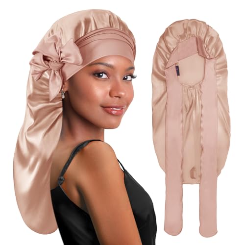 BONNET QUEEN Braid Bonnet Silk Bonnet Foldable Extra Long Wrap for Braids Satin Bonnets with Tie Band Long Sleep Cap, Champagne