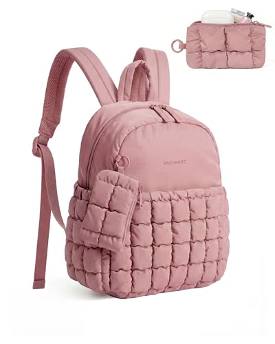 Image of BAGSMART Mini Backpacks for Women, Puffy Checkered Quilted Small Backpack with Pouch, Lightweight Daypack Purse, Water-Resistant Bookbag for Daily Travel College, 2-in-1 Set, Dark Pink