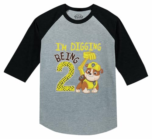 Image of Tstars Paw Patrol Rubble 3rd Birthday Baseball Tee Toddler Boy 3 /4 | Soft raglan Rubble digging tee for turning three; great for 3rd birthday, construction party, photo gift