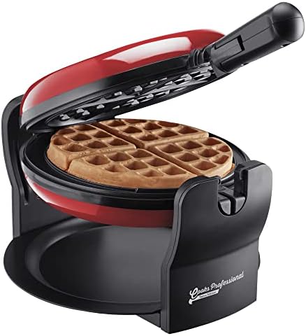 Belgian Waffle Maker Rotary Electric Iron 180° with Non Stick Coated Cooking Plates, (Retro red) by Cooks Professional
