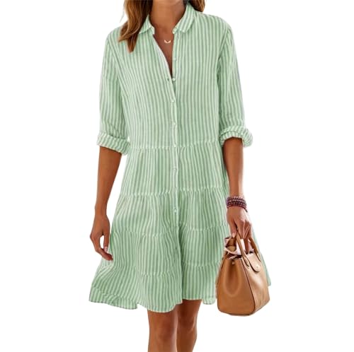 Vestido camisero a rayas para mujer, casual, ajuste holgado, manga larga, vestido de verano, playa, vacaciones, verde, XXL
