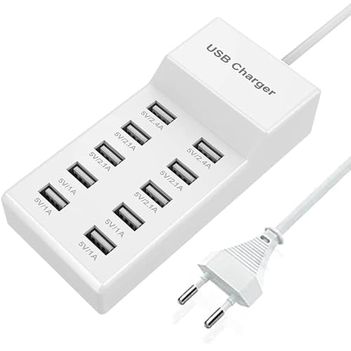 Cargador USB Multi-Puerto, Toma de Corriente USB de 10 Puertos Carga rápida USB multipuerto de 40W Compatible con iPhone 12/13/14/15/16/Samsung S22/S23/S24/Xiaomi/Huawei/OnePlus/otros Dispositivos...