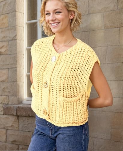 Image of Women's Sleeveless Chunky Knit Cardigan V-Neck Button Down Vest Casual Loose-Fitted Crochet Sweater with Pockets 2024