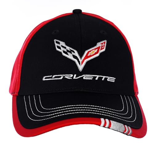 JH DESIGN GROUP Mens Chevy Corvette C7 Logo Cap Adjustable Red & Black Hat (Black & Red)