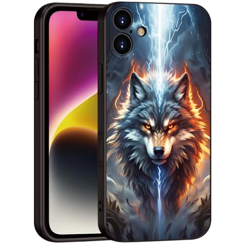 Printed with Wolf for iPhone 16 case, A Fusion of The Elements of Lightning and Flame Wolf Silicone Soft Shockproof Case - Lone King (A1-Wolfs-Anima)