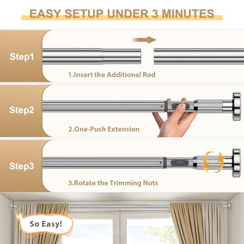 Image of Silver Tension Curtain Rod 41-126In(4-10Ft), Long Outdoor Curtain Rod No Drilling for Window or Patio, Heavy Duty Shower Rod for Bathroom,Rod Diameter 1.26In-One-bond stretching