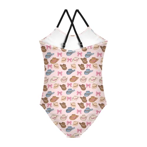 senya Girls Swimsuits One-Piece Swimwear Tie Bathing Suit Beach Summer Round Neck 7-8T Bow Hat Pattern2
