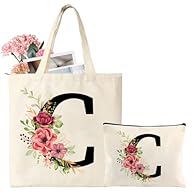 【Personalized Initial Canvas Bag】The cute floral initial tote bag is the perfect gifts for wedding, bachelorette party, bridal shower, baby shower, engagement or birthday, Mothers day, nurse day. comes with 1 piece of initial tote bag and 1 piece of ...