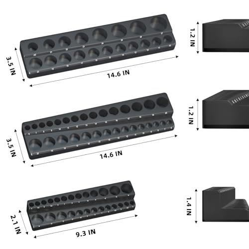 Image of Magnetic Socket Organizer Holder Set - 3-Piece Tool Organizers Including 1 /4 inch, 3 /8 inch and 1 /2 inch Drive Socket Holder Metric 68 Pieces Socket Trays (Sockets are not Included) Black