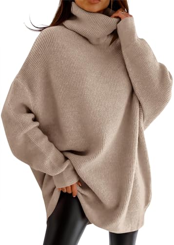 imesrun Womens Turtleneck Oversized Sweater Batwing Chunky Pullover Sweater Winter Casual Loose Knit Jumper Top Khaki