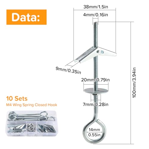 Lyeteung M4 Wing Spring Toggle Closed Hook Set, Ceiling Plasterboard Mount With Hex Nuts - Image 2