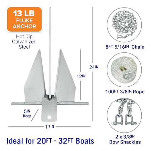 Image of Boat Anchor Kit with Rope and Chain, Heavy Duty Fluke Anchor for Boats | Hot Dip Galvanized Steel, Pontoon Sailboat Fishing Deck, Multiple Sizes, Better Boat