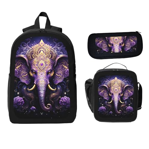 Animal Purple Elephant 3 Pcs 17 Inches Backpack Set With Insulated Lunch Bag And Pencil Pouch Large Back Pack For Men Women Lunchbox Pencil Case Waterproof Backpacks Lunch Box 3 Piece Daypacks2