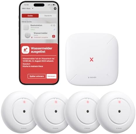 X-Sense Smart Wassermelder, WLAN Wassersensor, SWS55 | kompakter Überschwemmungssensor mit Einstellbarer Lautstärke von bis zu 110 dB sowie 500 m Reichweite, für Küchen