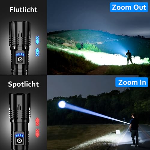 Taschenlampe LED Extrem Hell USB C Aufladbar 50000 Lumen 24 Stunden Akkulaufzeit Taschenlampen Zoombare Torch mit 5 Lichtmodi IP67 wasserdicht, Akku Flashlight Taktische für Camping Wandern Notfäll