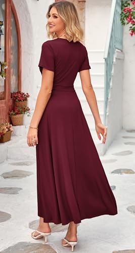Image of WNEEDU Women's Summer Maxi Dress Short Sleeves Wrap V Neck Long Dresses with Pockets