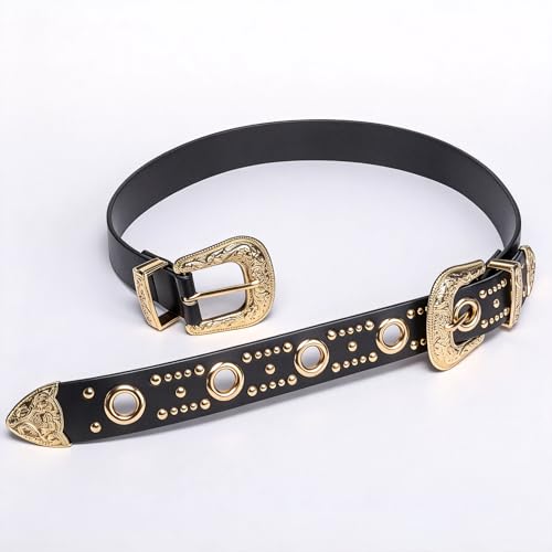 Image of Dubulle Womens Belt Chain Leather Belts Vintage Western Adjustable Elastic Double Buckle for Cowboy Pant Dress