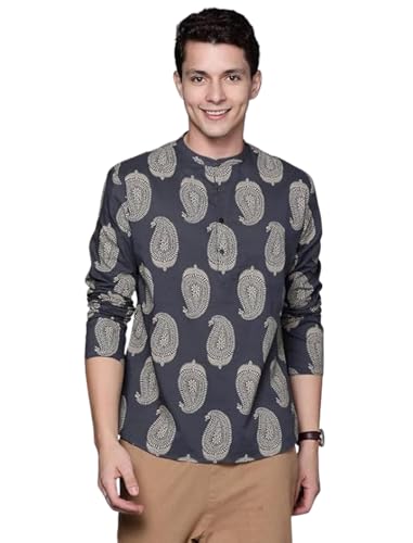 Image of DEELMO Men's Cotton Blend Printed Long Sleeve Short Kurta | Stylish Casual & Ethnic Wear | Comfortable Mandarin Collar Kurta for Daily, Festive & Party Outfits
