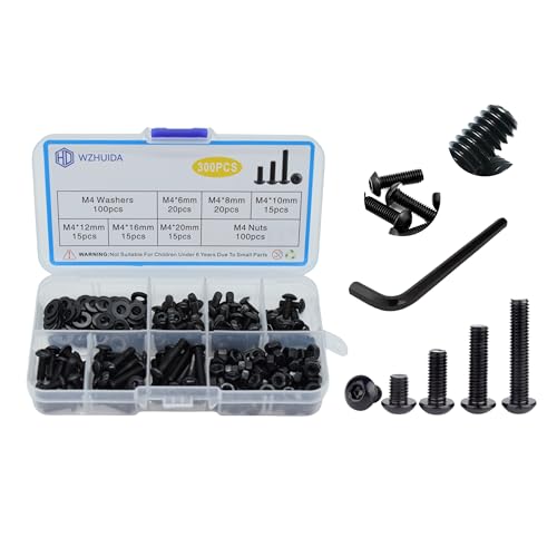 WZHUIDA Lot de 300 vis à tête bombée M4, vis à six pans creux, écrous et rondelles assortis, noires, vis filetées avec clés à six pans creux
