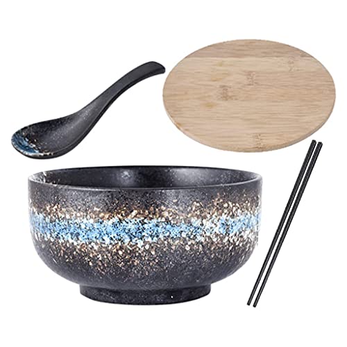 YRHH 1500ml Ramen Schüssel Set Suppen Nudelschüssel mit abgedecktem Löffel und Stäbchen Kreativität Keramik Geschirr Reisschüssel Cover