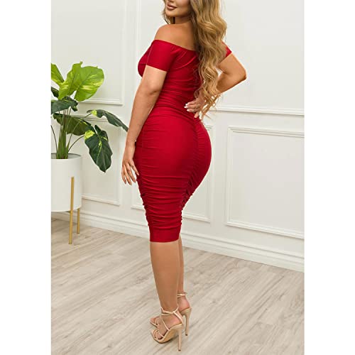 Image of Ekaliy Women's Sexy Off The Shoulder Midi Dress Ruched Bodycon Dresses