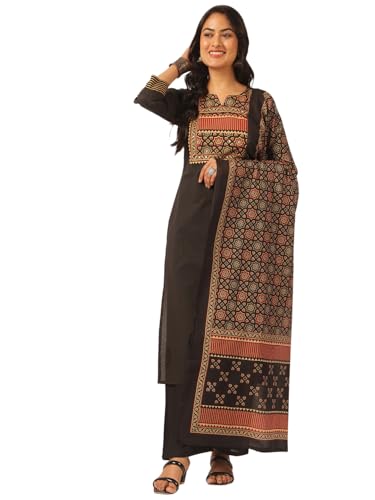 Image of Vbuyz Women Ajrakh With Yoke design Cotton Straight Kurta Set With Dupatta