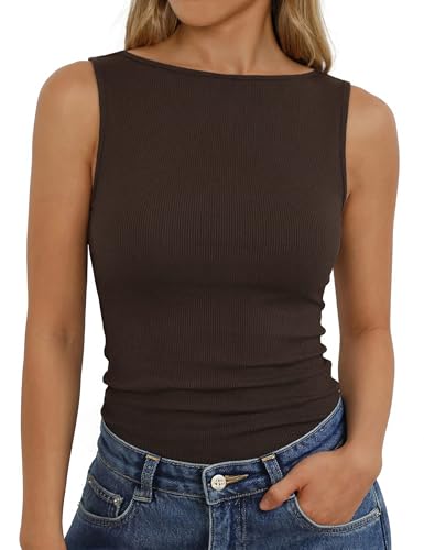 Aottori Tank Top Damen U-Boot-Ausschnitt Sommer Oberteile Ärmellos Shirt Basic Gerippt Tops Elegant Slim Fit Tanktops Einfarbig Stretch Sexy Braun XL