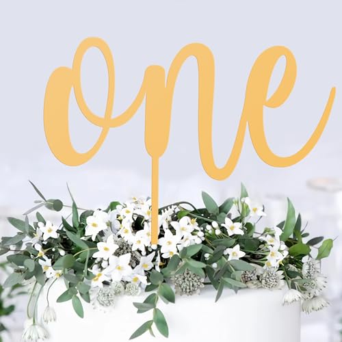 First Birthday Cake Topper - Glitter Gold Acrylic One Cake Decorations, One Sign Cake Pick (Gold)