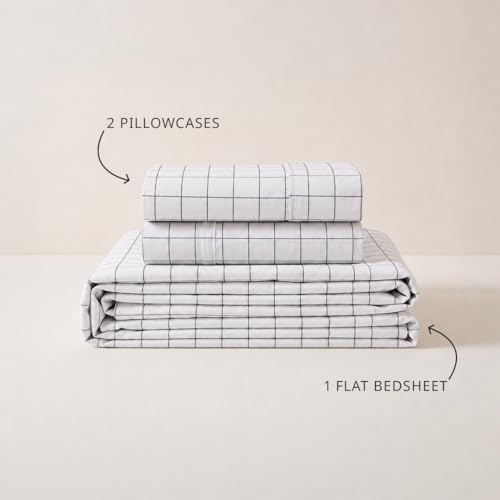 Image of LANE LINEN 100% Organic Cotton Bedsheet for King Size - Windowpane Charcoal | GOTS Certified, Percale Weave, 108x108 inches, Soft & Breathable, Machine Washable, Includes 2 Pillow Covers