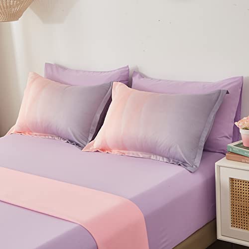 Image of Dinjoy Girls Comforter Set Queen Size Colorful Ombre Blue Pink Purple Rainbow Bedding Set 7 Pieces Bed in A Bag for Kids Teen Girls Women with Comforter, Flat Sheet, Fitted Sheet