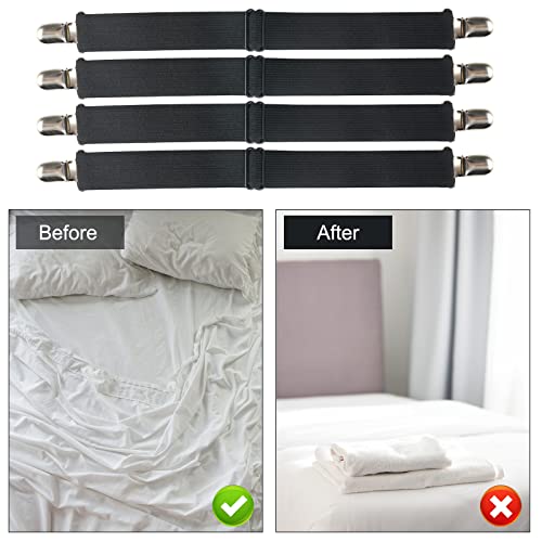 4 Stück Verstellbare Bettlakenspanner Lakenspanner, Elastische Matratzenspanner Bettlaken Spanngurte Halter Spannbettlaken Spanner mit Metallclips für Bettlaken, Matratze, Bügelbrett,Sofa,Schwarz - Image 6
