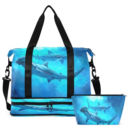 ALAZA Sharks Underwater Travel Duffel Bag for Women Men Sports Gym Bag with Shoe Compartment Tote Weekender Overnight Bag with Wet Pocket for Travel, Gym,Yoga,Swimming2