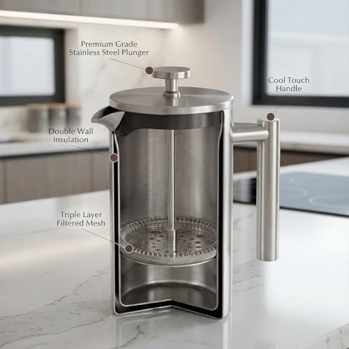 Image of AXEON French Press Coffee Maker | Double Wall Insulated 304 Stainless Steel Plunger | 3-Layer Filtration for Grit-Free Brew | Heat Retention, Rust-Free, Portable for Home & Office | Hot & Cold (350ml)