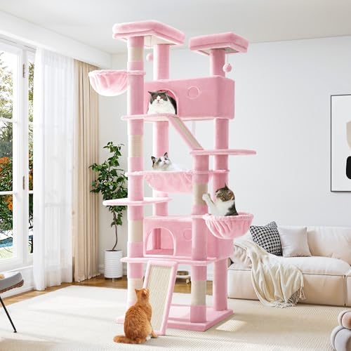 Image of Allewie 81 Inches Tall Cat Tree /Multi-Level Large Climbing Tree House and Towers for Big Feline /Condo and Hammock /Scratching Post /Wide Base /Pink