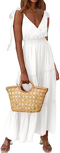 PRETTYGARDEN Women's Cross Neck Summer Sleeveless Tiered Maxi Dress Beach Tie Strap Smocked Long Dresses Pleated Sundress (White,Medium)