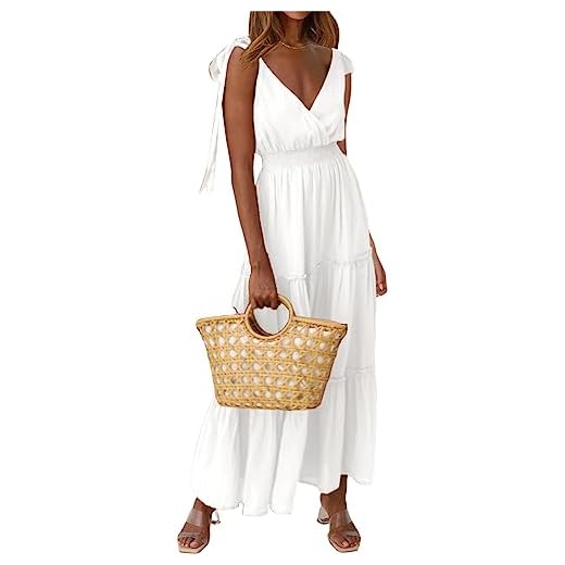 PRETTYGARDEN Women's Cross Neck Summer Sleeveless Tiered Maxi Dress Beach Tie Strap Smocked Long Dresses Pleated Sundress (White, Small)