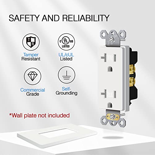 20A Duplex Receptacle Outlet, Standard Residential Grade Electrical Wall Outlet, 2 Pole 3 Wire Tamper-Resistant Receptacle, Self-Grounding, Child Proof, Commercial Use, Ul 498 Listed, White, 10 Pack #TOP1