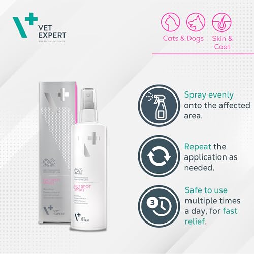 Vet Expert Hot Spot Spray für Hunde und Katzen – unterstützt die Therapie von Hot-Spot-Läsionen mit Nanosilber, Panthenol, Kamillenextrakt, Teebaumöl und Aloe Vera Öl – 100 ml