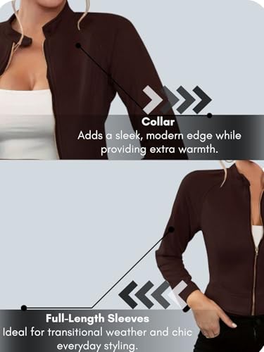 Image of Leriya Fashion Slim Fit Zip-Up Women Summer Jacket | Long Sleeve Stand Collar | Casual Biker Style Crop Top Summer Collection for Women | Lightweight Zipper Short Jacket for Office & Everyday Wear