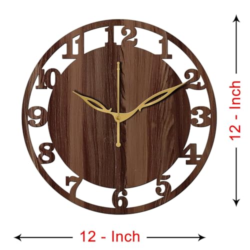 Image of SKYVILLA 12 Inch Wooden MDF Analog Wall Clock Brown | English Numerals, Silent Quartz Movement, Lightweight, Without Glass Design