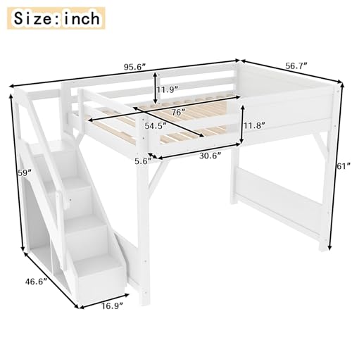 Image of KEIKI Solid Wood Full Size Loft Bed Frame with Stairs, Built-in Wardrobe and Storage Space, Full Loft Bed with Shelves, Full-Length Guardrails, No Box Spring Needed for Bedroom, Light White