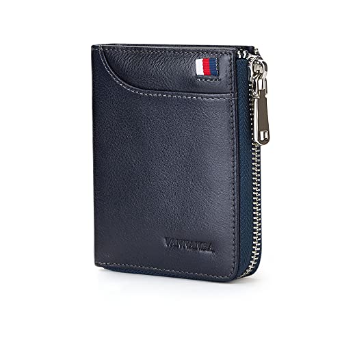 Carteira masculina de couro legítimo VANNANBA, com zíper fino, bolso frontal bloqueio de RFID, Azul