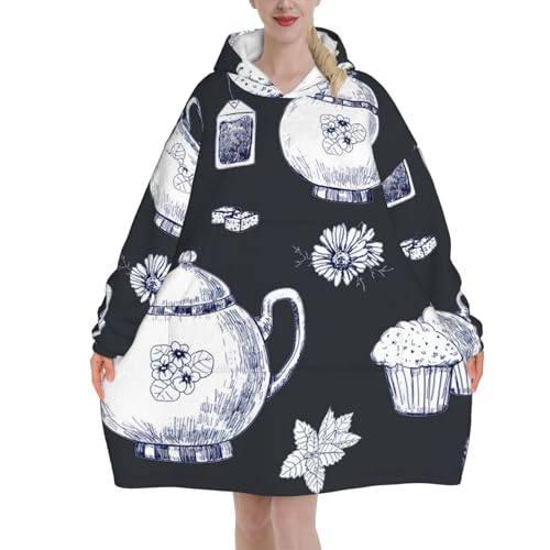 Idée cadeau cocooning : couverture à capuche motif tasses et théières pour elle