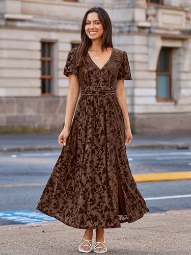 Image of Simplee Women's Velvet Maxi Dress V Neck Short Sleeve Empire Waist Semi Formal Long Cocktail Dresses