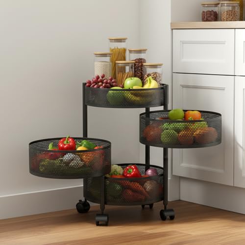 Image of BonKaso 4-Layer Round Multipurpose Kitchen Trolley with Swivel Storage Basket & 360 Rotating Wheels, Black Steel Frame, Easy Mobility, Space-Saving and Durable