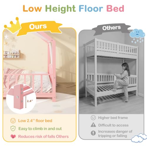 Image of Garvee Full Size Montessori Metal House Floor Bed Frame with Rail, Pink
