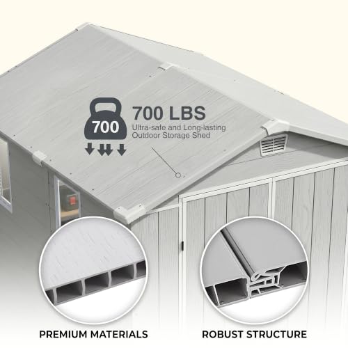 Image of Devoko 6x8 FT Resin Outdoor Storage Shed with Floor, Plastic Garden Shed | Waterproof Tool Storage Shed with Lockable Door and with Window for Backyard, Patio, Lawn, Light Gray